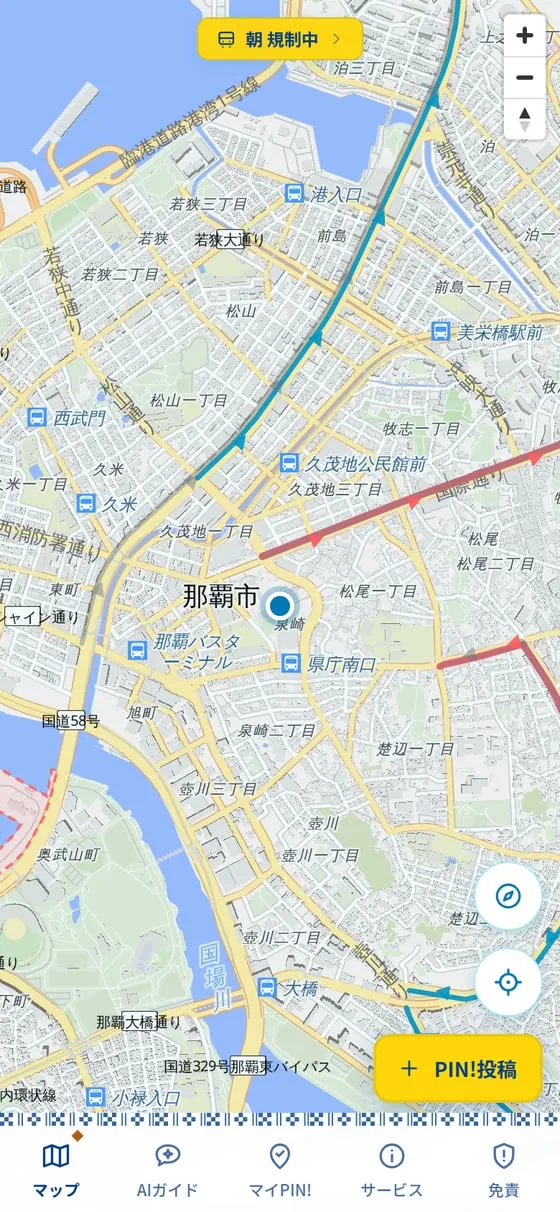 ちゅらPIN! のマップ画面。国道58号と国際通りにバスレーンの規制ラインが表示されている